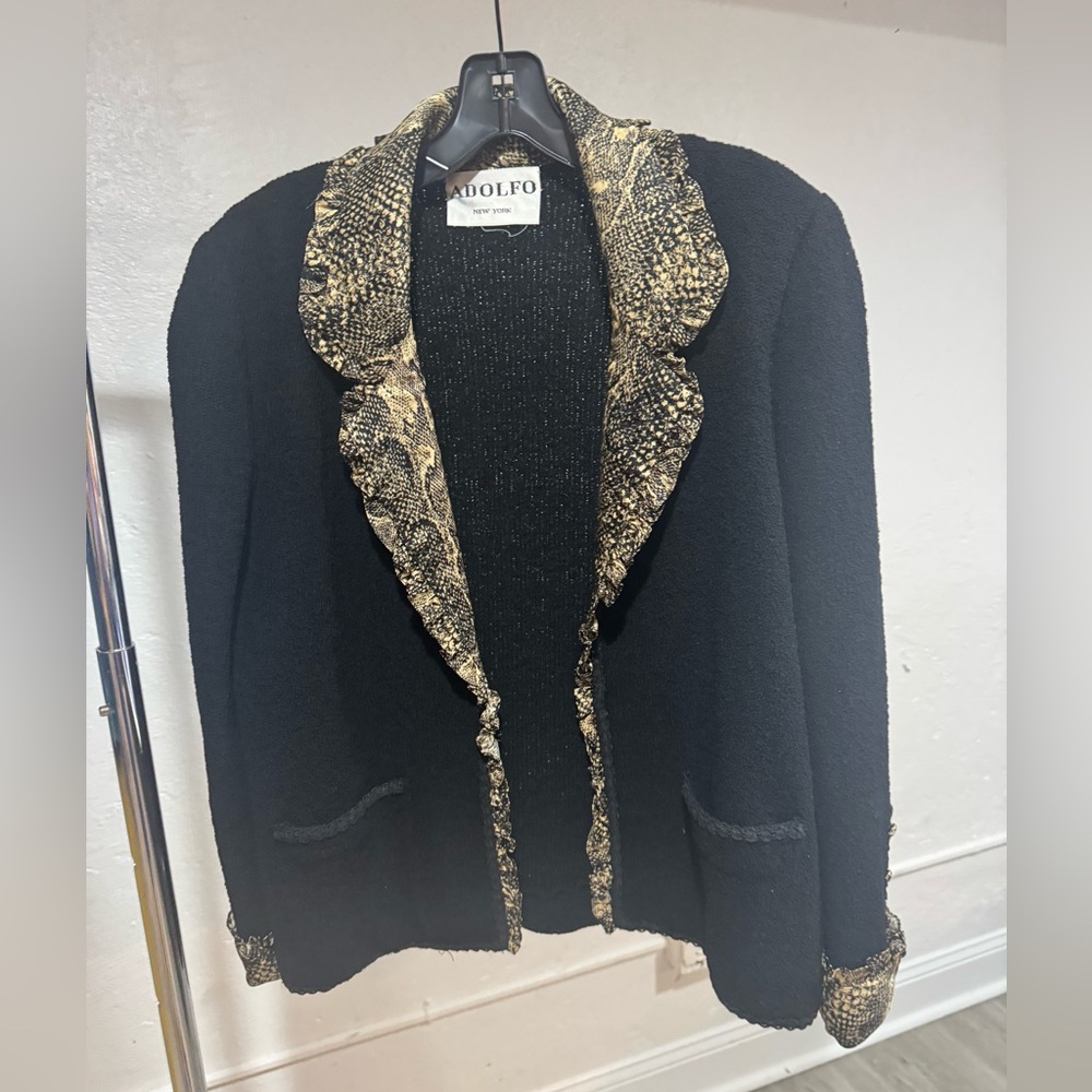 Adolfo Black Blazer with Silk Snake Print Trim